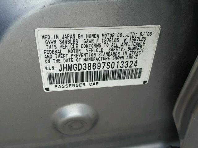 JHMGD38697S013324 - 2007 HONDA FIT S SILVER photo 10