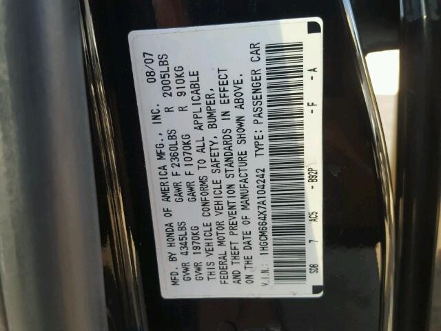 1HGCM664X7A104242 - 2007 HONDA ACCORD SE BLACK photo 10