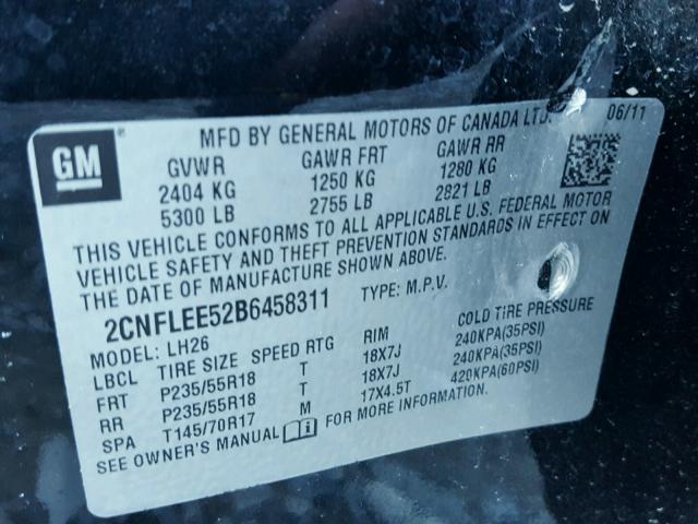 2CNFLEE52B6458311 - 2011 CHEVROLET EQUINOX LT BLACK photo 10