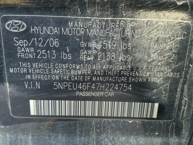 5NPEU46F47H224754 - 2007 HYUNDAI SONATA SE BLACK photo 10