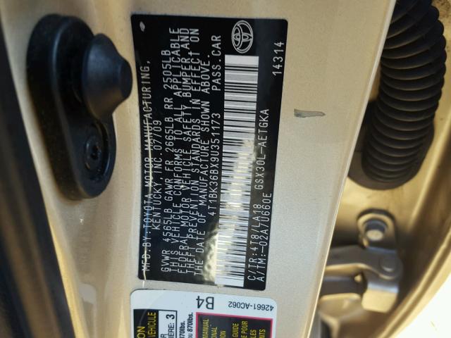 4T1BK36BX9U351173 - 2009 TOYOTA AVALON GOLD photo 10