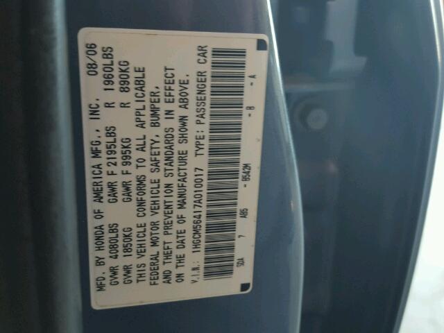 1HGCM56417A010017 - 2007 HONDA ACCORD BLUE photo 10