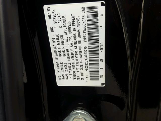 1HGCS12839A022275 - 2009 HONDA ACCORD EXL BLACK photo 10