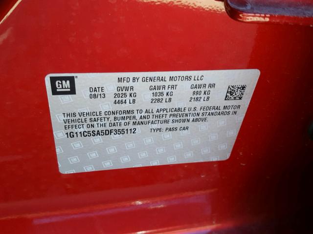 1G11C5SA5DF355112 - 2013 CHEVROLET MALIBU RED photo 10