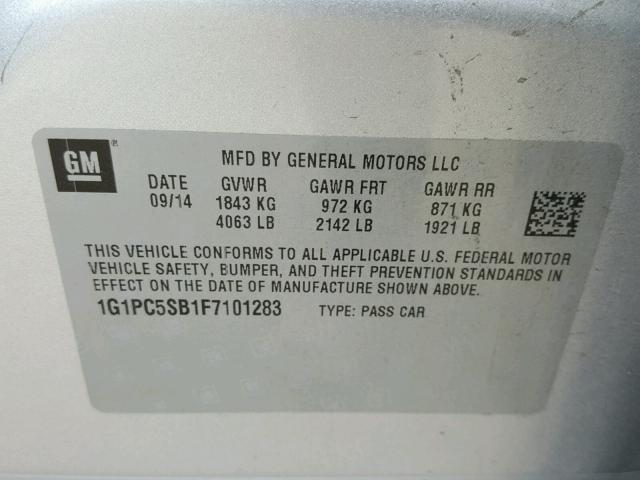 1G1PC5SB1F7101283 - 2015 CHEVROLET CRUZE LT SILVER photo 10