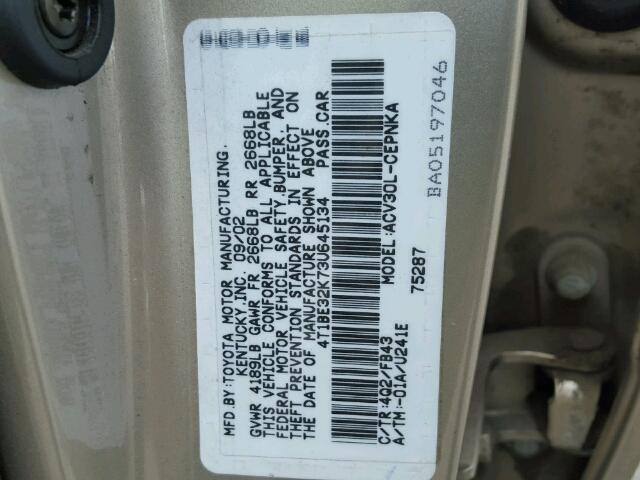 4T1BE32K73U645134 - 2003 TOYOTA CAMRY LE 金色 照片 10
