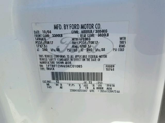 1FTRF12W65KC01085 - 2005 FORD F150 WHITE photo 10