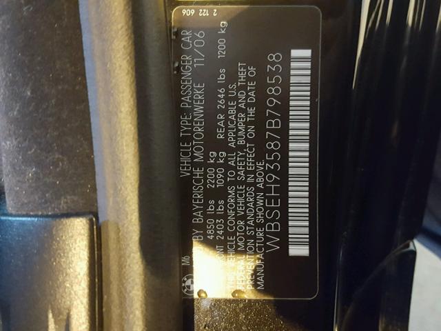 WBSEH93587B798538 - 2007 BMW M6 BLACK photo 10