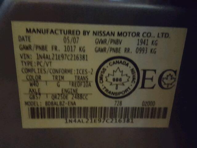 1N4AL21E97C216381 - 2007 NISSAN ALTIMA 2.5 GRAY photo 10