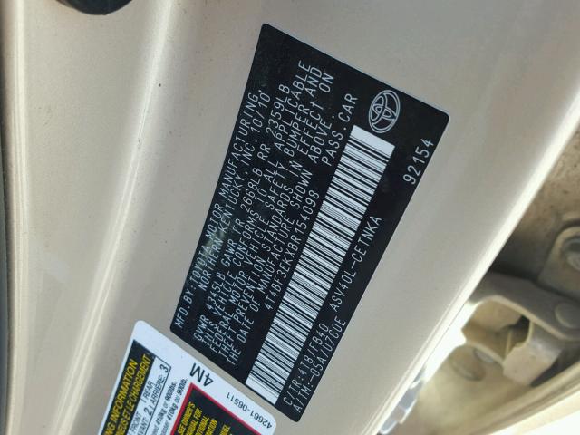 4T4BF3EKXBR154098 - 2011 TOYOTA CAMRY BASE BEIGE photo 10