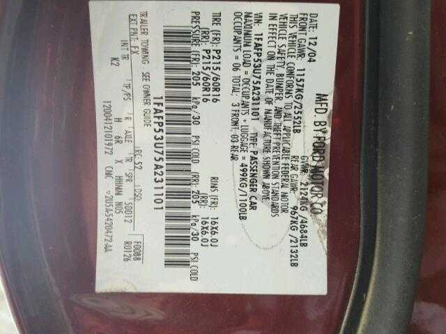 1FAFP53U75A231101 - 2005 FORD TAURUS MAROON photo 10