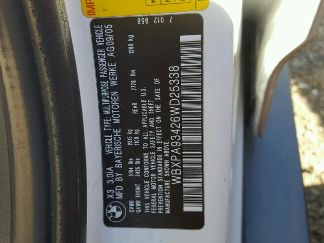 WBXPA93426WD25338 - 2006 BMW X3 3.0I WHITE photo 10