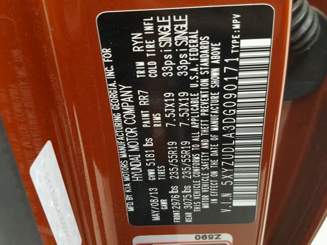 5XYZUDLA3DG090171 - 2013 HYUNDAI SANTA FE S 橙色 照片 10