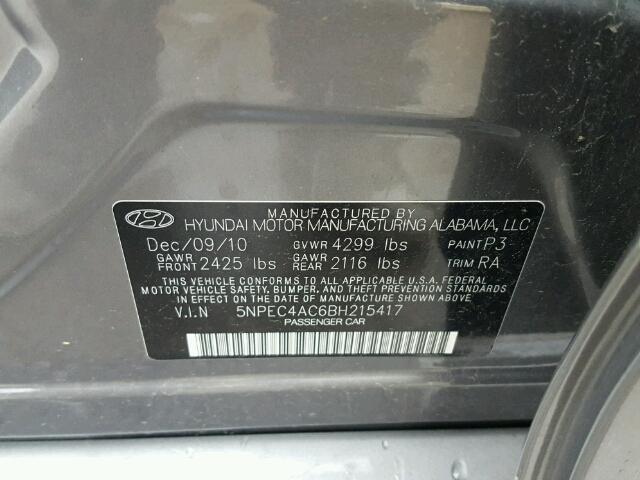 5NPEC4AC6BH215417 - 2011 HYUNDAI SONATA SE GRAY photo 10