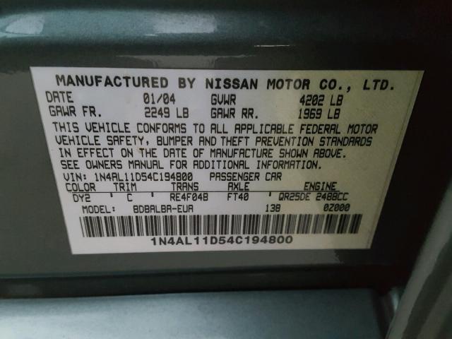 1N4AL11D54C194800 - 2004 NISSAN ALTIMA BAS GREEN photo 10