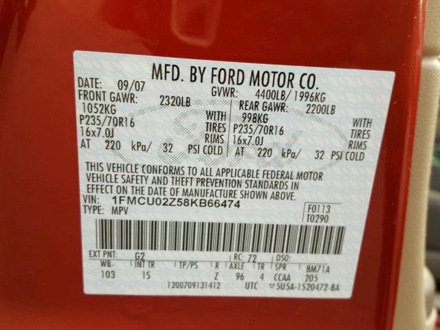 1FMCU02Z58KB66474 - 2008 FORD ESCAPE XLS RED photo 10