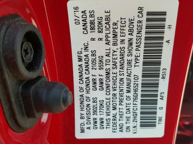 2HGFC1F76GH652107 - 2016 HONDA CIVIC EXL 红色 照片 10