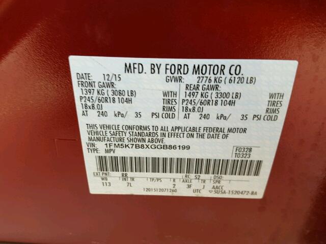 1FM5K7B8XGGB86199 - 2016 FORD EXPLORER RED photo 10