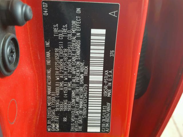 5TBDV58137S463179 - 2007 TOYOTA TUNDRA CRE RED photo 10