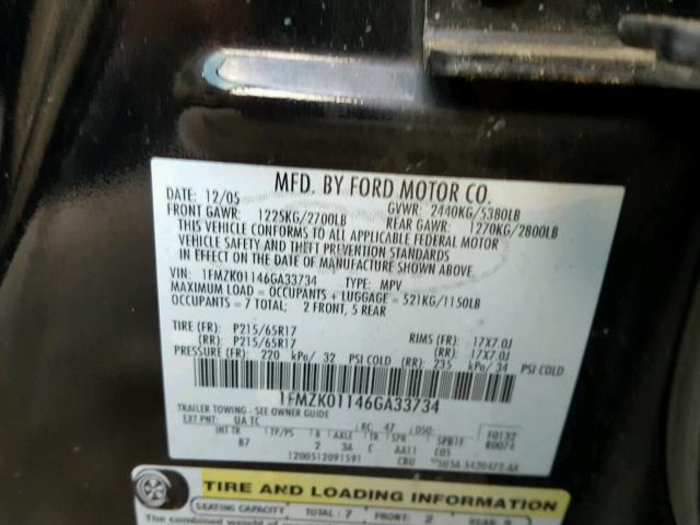 1FMZK01146GA33734 - 2006 FORD FREESTYLE BLACK photo 10