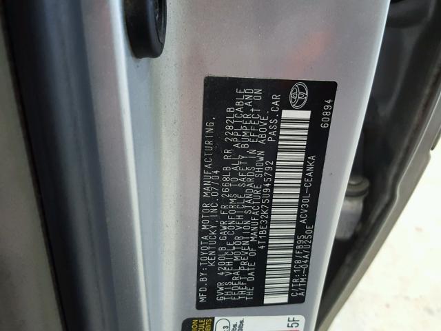 4T1BE32K75U945792 - 2005 TOYOTA CAMRY LE SILVER photo 10