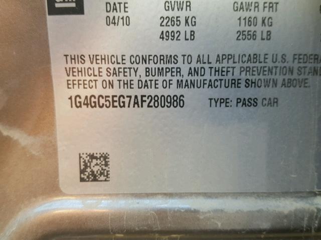 1G4GC5EG7AF280986 - 2010 BUICK LACROSSE C BEIGE photo 10