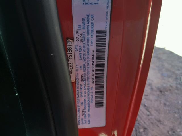 3VWCT21C11M410469 - 2001 VOLKSWAGEN NEW BEETLE 红色 照片 10