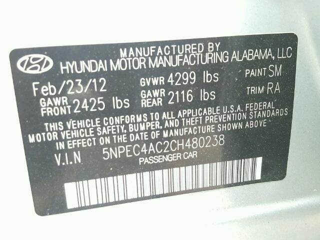 5NPEC4AC2CH480238 - 2012 HYUNDAI SONATA SE 银色 照片 10
