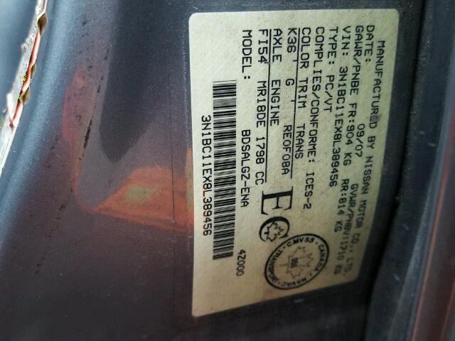 3N1BC11EX8L389456 - 2008 NISSAN VERSA S GRAY photo 10