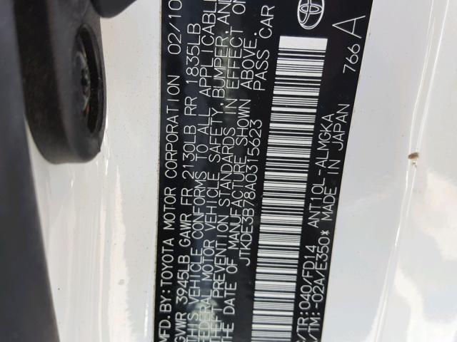 JTKDE3B78A0315623 - 2010 TOYOTA SCION TC WHITE photo 10