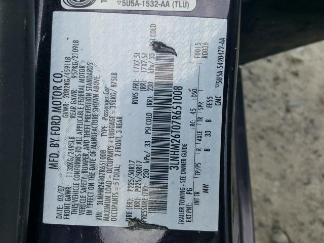 3LNHM26T07R651008 - 2007 LINCOLN MKZ PURPLE photo 10