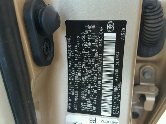 4T4BF1FK3CR272174 - 2012 TOYOTA CAMRY BASE GOLD photo 10