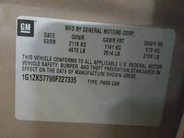 1G1ZK57798F227335 - 2008 CHEVROLET MALIBU LTZ 棕色 照片 10