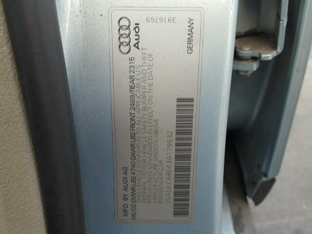 WAULC68E43A179632 - 2003 AUDI A4 BLUE photo 10