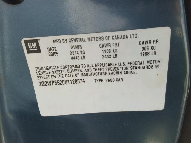 2G2WP552061128074 - 2006 PONTIAC GRAND PRIX TURQUOISE photo 10