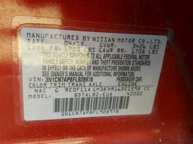 3N1CN7AP8FL928978 - 2015 NISSAN VERSA S RED photo 10