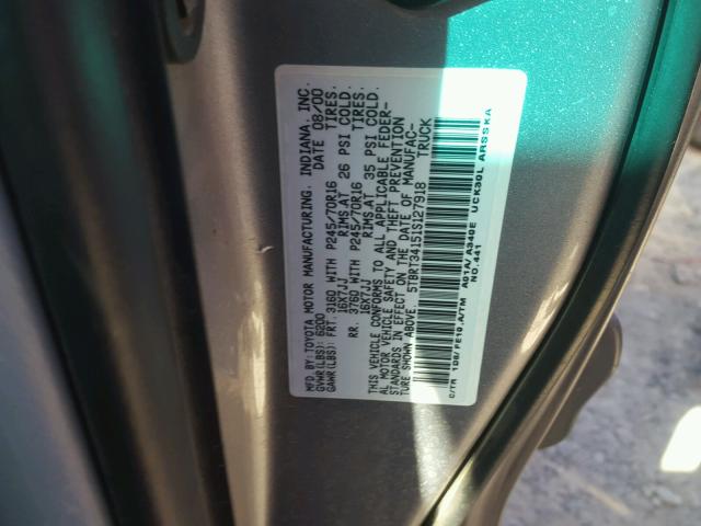 5TBRT34151S127918 - 2001 TOYOTA TUNDRA ACC SILVER photo 10