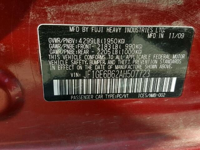 JF1GE6B62AH507723 - 2010 SUBARU IMPREZA 2. RED photo 10