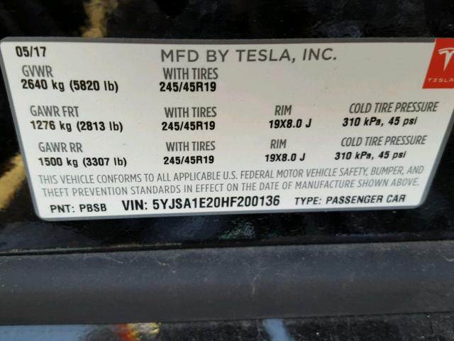 5YJSA1E20HF200136 - 2017 TESLA MODEL S BLACK photo 10