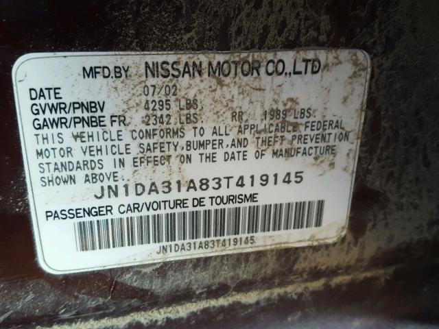 JN1DA31A83T419145 - 2003 NISSAN MAXIMA BURGUNDY photo 10