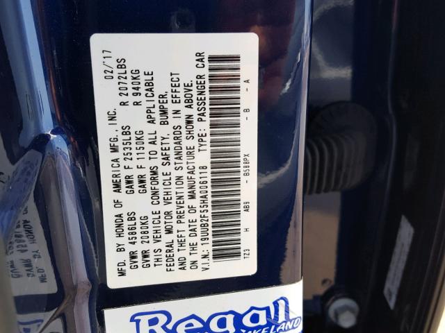 19UUB2F55HA006118 - 2017 ACURA TLX TECH BLUE photo 10