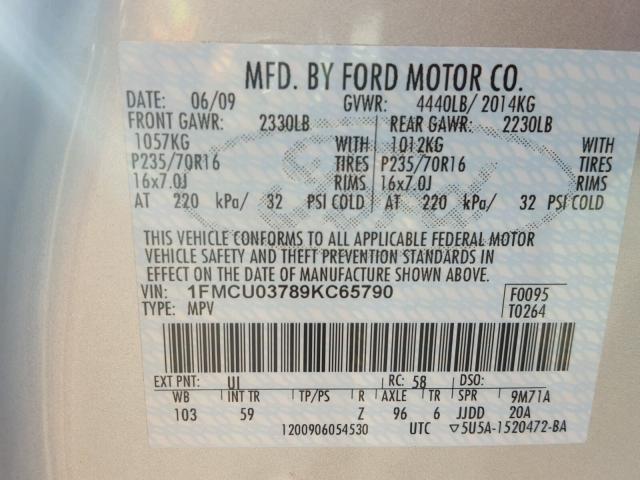 1FMCU03789KC65790 - 2009 FORD ESCAPE XLT GRAY photo 10