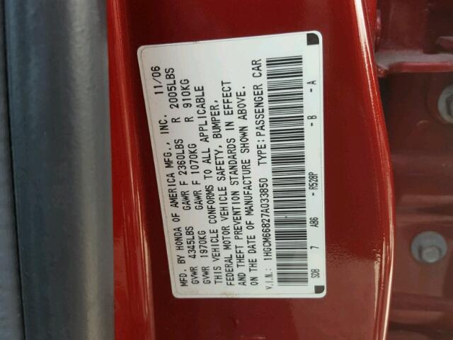 1HGCM66827A033850 - 2007 HONDA ACCORD EX RED photo 10