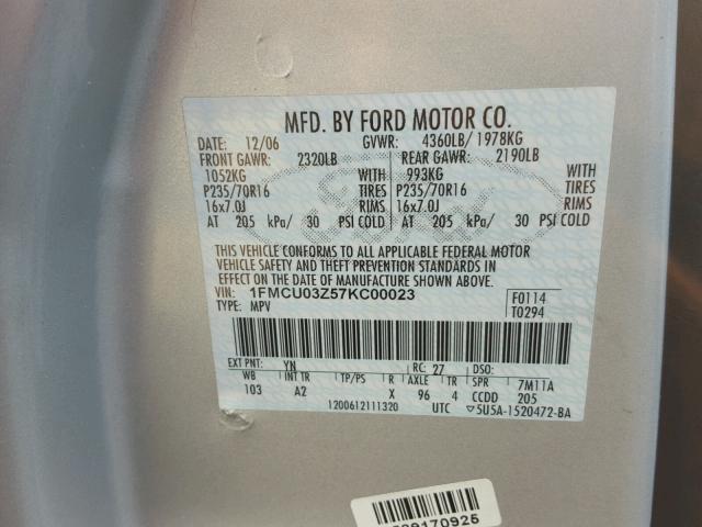 1FMCU03Z57KC00023 - 2007 FORD ESCAPE XLT GRAY photo 10