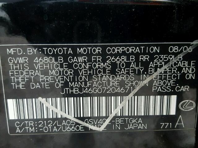 JTHBJ46G072046717 - 2007 LEXUS ES 350 RED photo 10