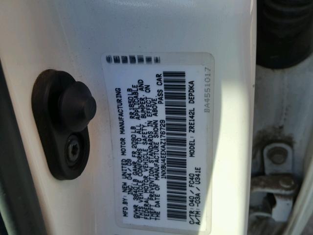 1NXBU4EEXAZ176729 - 2010 TOYOTA COROLLA BA WHITE photo 10