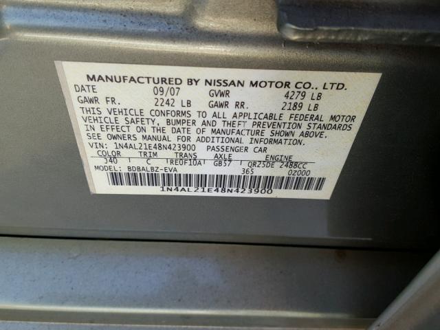 1N4AL21E48N423900 - 2008 NISSAN ALTIMA 2.5 GREEN photo 10