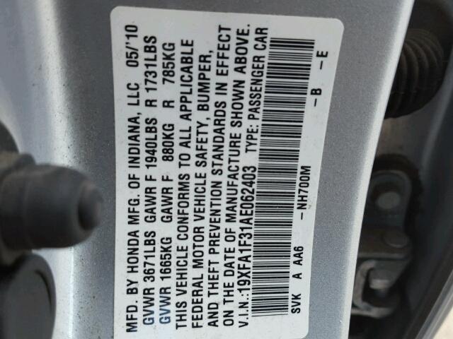 19XFA1F31AE062403 - 2010 HONDA CIVIC VP SILVER photo 10