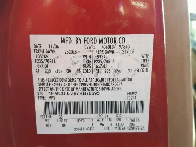 1FMCU03Z97KB76695 - 2007 FORD ESCAPE XLT RED photo 10