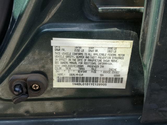 1N4DL01D1YC128905 - 2000 NISSAN ALTIMA XE GREEN photo 10